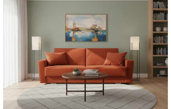 Wersalka Magda II fancy 56 ceglasta rozkładana z pojemnikiem na sprężynach